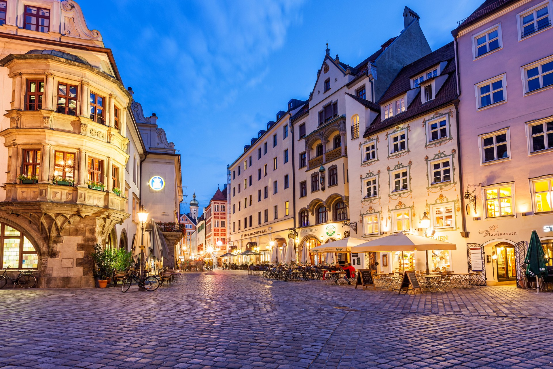 Restaurants on Platzl square in downtown Munich Germany